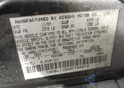 2003 Nissan Altima 3.5 Se z USA, uszkodzony, nr VIN 1N4BL11D43C184813